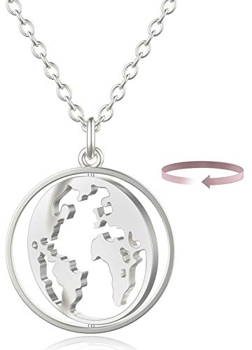BONNYBIRD® Kette Weltkugel Silber Damen Edelstahl Weltkarten Halskette Globus mit Rotierbarem Welt Anhänger Urlaub Must Haves Reisende Wanderer World Map Erde Frauen Wasserfest Schmuck Silberkette