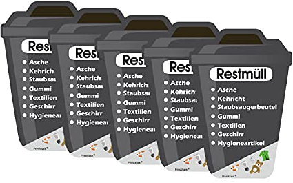PrintAttack P038 Mülltrennung Aufkleber Set Deutsch oder Englisch für Mülltonne Vinyl verschiedene Größen Kratz, Wetter UV-Schutz für innen und außen Plastik Glas Papier Restmüll Bio (V1_5x Restmüll)