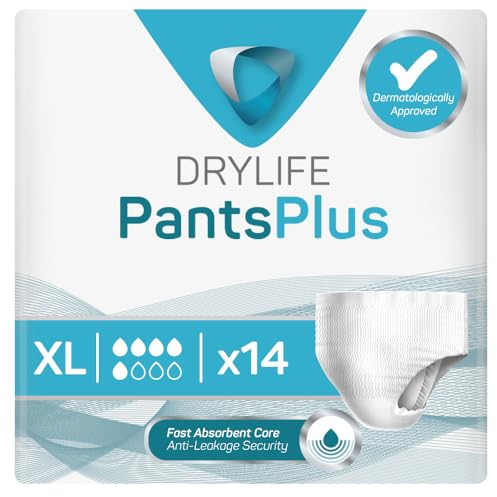 Drylife Pants Plus Inkontinenz Einweghosen für Frauen und Männer, Dry Feel-Technologie, Anti-Leck-Sicherheit, Hautfreundliches, Weiches, Atmungsaktives Material - Gr. XL (14 Stück)