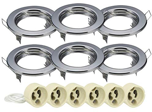 LEDLUX 6 Pezzi Porta Faretto Led Da Incasso, Rotondo Fisso Con Molla, Foro 60mm, 6 Portalampade GU10 Inclusi (Cromato)