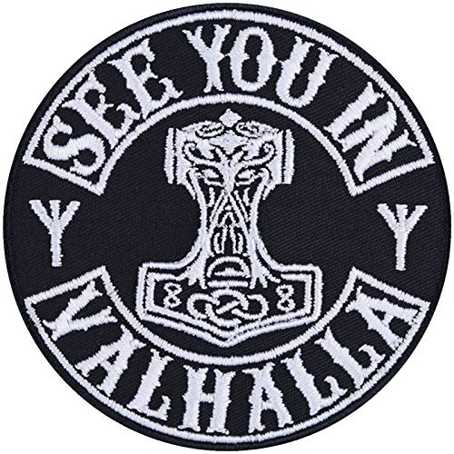 SEE YOU IN VALHALLA Wikinger Aufnäher Vikings Valhalla Bügelbilder nordische Zeichnung Thors Hammer Mjölnir Patch zum annähen/aufnähen Wikinger Applikation für alle Stoffe | 90x90mm