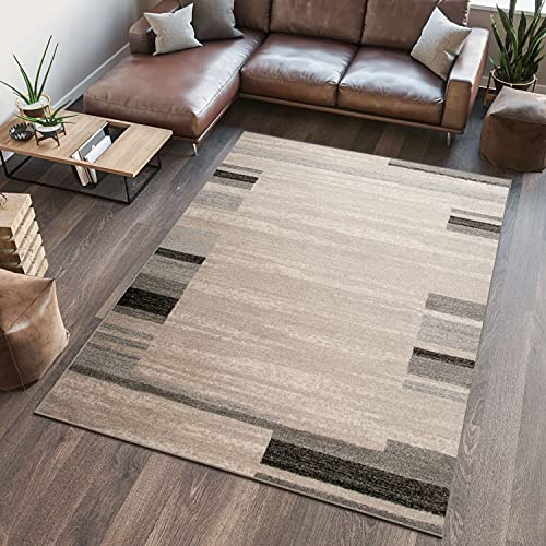 TAPISO Sari Teppich Kurzflor Beige Schwarz Creme Vierecke 60 x 100 cm | Geometrisch Modern Design Meliert Verwischt Pflegeleicht Wohnzimmer Schlafzimmer OEKO-TEX