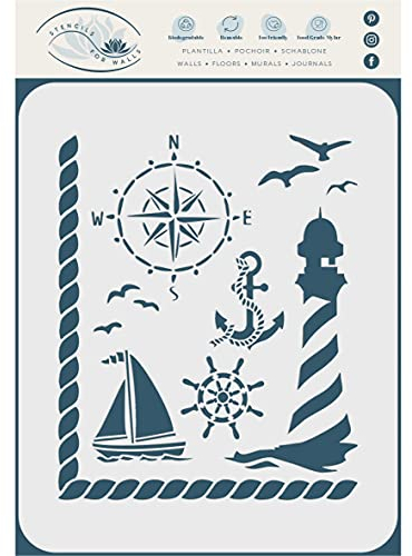 Nautische Schablone, 11,4 x 14 cm (S) – Ozean Küste Leuchtturm Kompass Rettungsring Schiffe Rad Schablonen für Malvorlage