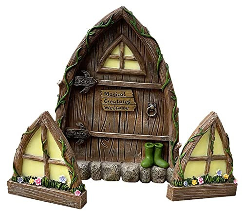 Shunfaji Porta di fata, finestra di fata, in resina, miniatura, elfo, porta di casa e finestra, porta d'albero, decorazione da giardino, decorazione per esterni (E)
