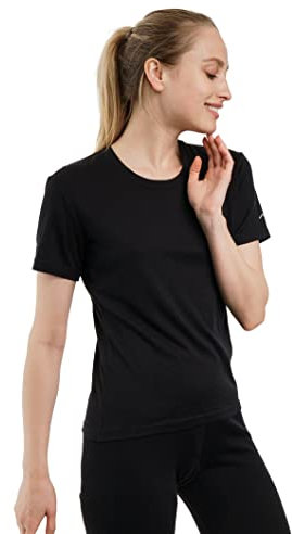 Merino.tech 100% Merino Shirt Damen Wandern - Merinowolle Tshirt Damen Kurzarm - Sport Thermo Unterhemd - Natürlich Weich Unterwäsche (Medium, Solid Black Crewneck)