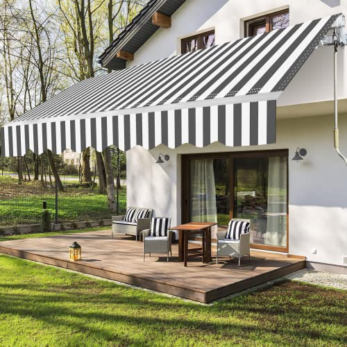 Randaco Gelenkarmmarkise 350x300cm, Sonnenmarkise Balkonmarkise Sonnenschutz Winkelinstellung(0-30°) Einziehbare Markise mit Handkurbel, UV- und witterungsbeständig, WeißGrau Gestreift