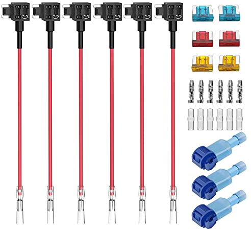GUUZI 6 Stück Niedrigem Profil Add-A-Circuit-Sicherungsadapter mit Kabelbaum,12V-24V Mini-Sicherungshalter mit 6 Stück Ersatzsicherungen(5A/10A/15A)+1 Stück Sicherungsabzieher