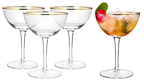 Gold Rim Vintage Coupe Martini, Champagne and Cocktail Glasses - Set of 4 - Hand Blown Gold Rim Martini Glasses - For Your Next Cocktail & Champagne Party - 6oz Classic Manhattan Glasses Water & Wine