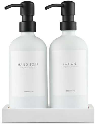 MaisoNovo seifenspender Bad - seifenspender küche - 500 ml Bernsteinflaschen, Schwarze Pumpen, pumpspender Glas, seifenspender Set, 2er-Set und Betontablett - spülmittelspender küche