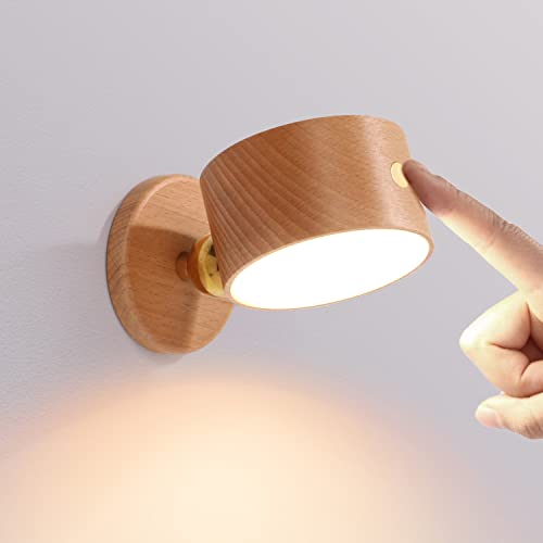 Holz Akku Wandleuchte Dimmbar mit Touch Schalter, Innen LED Wandlampe 4000K Leselampen mit USB ladefunktion, Schlafzimmer Nachttischlampe 360 ° drehbar Tragbare Kabellos Magnetische Lampe,Wood color