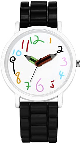 JewelryWe Kinderuhr Analog Quarz Armbanduhr Kinder Cartoon-Zahlen Bleistift Zeiger Silikon Armband Uhren für Junge Mädchen Jugendliche Schwarz