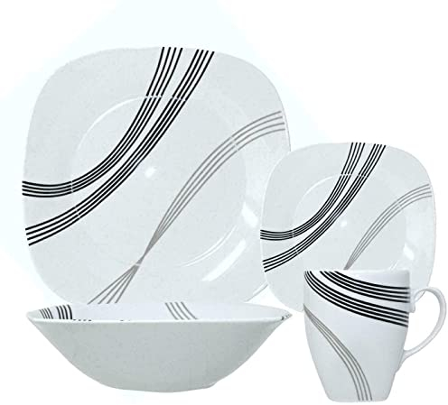Royal 16 Piece Square Porcelain Dinner Set for 4 – 4 Dinner Plates & Bowls Set 4 Side Plates & Mug, Microwave/Dishwasher Safe, Highly Resistant Dinnerware, Kitchen & Dining-Black Grey Katrina Stripe
