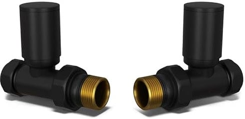 UK Radiators Round Black Radiator Valve Pair - Black Matt Finish - Classy and Modern Design 1/2 x 15mm Straight Radiator Valve Pair - Pair of Valves