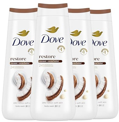 Dove Body Wash Restoring Coconut & Cocoa Butter 4 Count for Renewed, Healthy-Looking Skin Gentle Skin Cleanser That Effectively Washes Away Bacteria While Nourishing Your Skin 20 oz