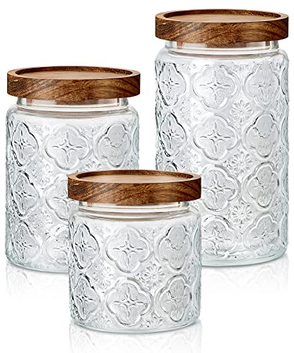 Gerrii 3 Pcs Glass Food Storage Containers 17/24/34 oz Vintage Glass Jar with Lid Begonia Pattern Glass Airtight Candy Jar Food Jars Canisters for Kitchen Counter Pantry Coffee Tea Beans Sugar Flour