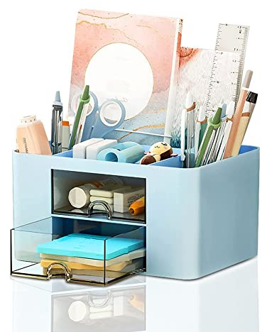 Schreibtisch-Organizer mit Schublade, Multifunktionaler Stiftehalter Schreibtisch Organizer mit 7 Fächern, Tisch Organizer aus Kunststoff für Bürobedarf, Stifteköcher für Büro Zuhause Schule (Blau)