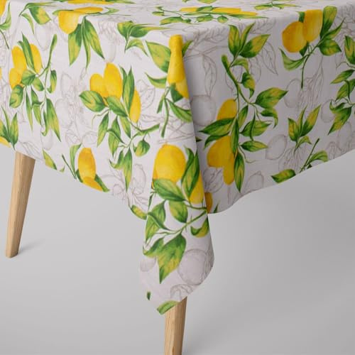 SCHÖNER LEBEN. Tischdecke aus Baumwolle Citron Zitronen weiß grün Gel, Größe:130x200cm