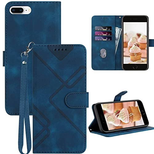 GOTOURED for iPhone 6/6S/7/8 Plus Phone Case Wallet, Card Holder Leather, Wrist Strap, Magnetic Closure, Kickstand, Shockproof Protective Pattern Flip Cover (Blue)
