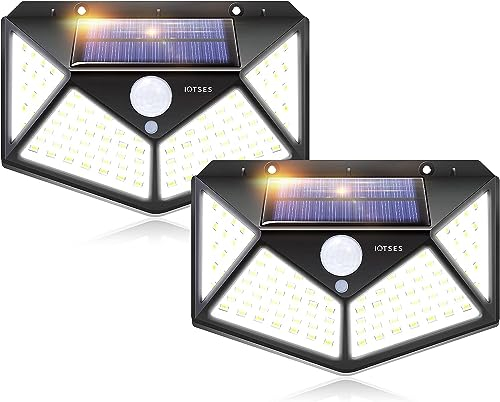 IOTSES Luz Solar Exterior,100 LED con 3 modos Iluminación 1200mAh 2200 Lumen, Focos Solar Seguridad 270° con Sensor Movimiento, Lámpara Solar exterior Impermeable IP65 para Patio Jardín. (2 Pack)