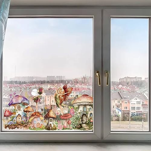 GORGECRAFT 118x39 cm Großer Wald-Pilz-Fee-Fensteraufkleber Pilzhaus Statische Fensteraufkleber Elfenblume Gras Schmetterlinge Fensteraufkleber Doppelseitige Fensterfolie Für Glasschiebetür-Dekoration