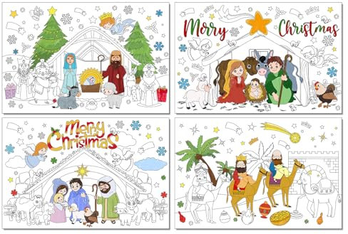 Whaline 24 Stück Weihnachts-Mal-Tischsets, Weihnachtskrippe, Ausmalen, Aktivität, Papiermatte, Jesus-Geburtsthema, Einweg-Tischmatte für Zuhause, Küche, Esstisch, Dekorationen