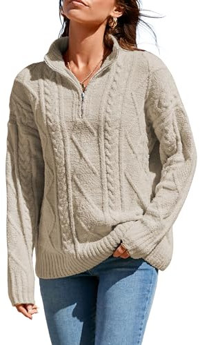 Famulily Womens Cute Cable Knit Sweater Long Sleeve Turtleneck Sweater Cozy Warm Half Zip Pullover Top, Khaki, XXL