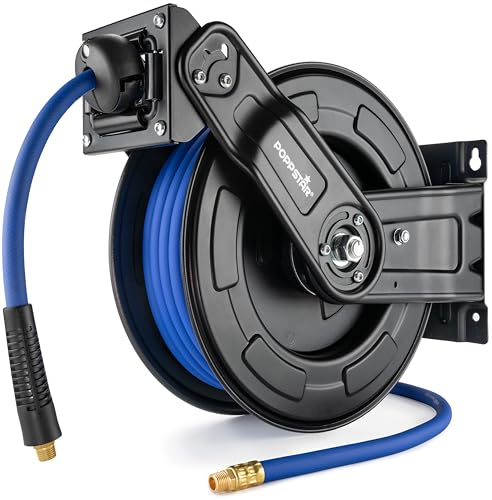 Poppstar Avvolgitubo per aria compressa in acciaio (15 m +1,5 m Diametro 9,2 x15 mm Innesti 1/4 pollici BSPT Avvolgitore automatico per tubo ad aria compressa