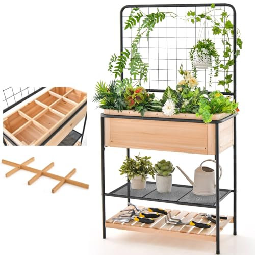 TANGZON Raised Wooden Garden Bed with Metal Trellis, 80 x 40 x 150 cm Elevated Planter Box with Open Storage Shelves, Removable Grid Divider, Drain Holes & Black Liner, for Vegetable, Herbs, Flowers
