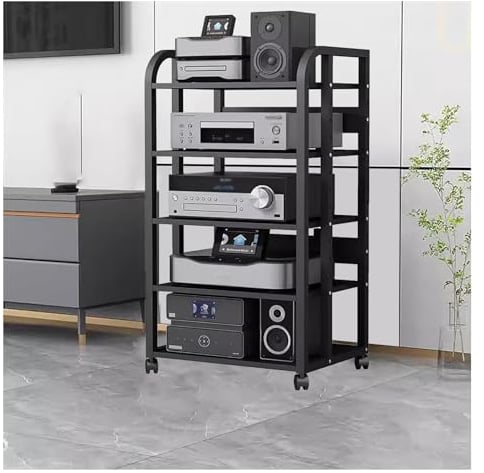 hifi rack Audio-Rack-Schubladenteiler auf Rollen – Medienregal aus Metall mit höhenverstellbarer Halterung – schwarzes Eck-Unterhaltungsregal, Aufbewahrungsständer für Schlafzimmer(No drawers 5 Tier-H
