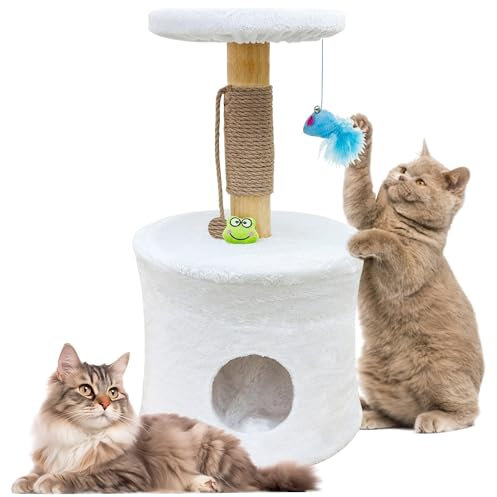 2024 Cat Tree with Toys, 23inch Modern Cat Tree Tower for Indoor Cats, Real Branch Luxury Cat Condo, Cat Scratching Post, Jumping Platforms, Natural Wood Cat Tree