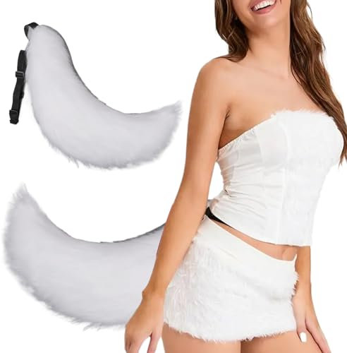 Pastoralist Faux Fur Tail, Therian Tail 27in Halloween Pelry Tail mit Gürtel Design Kunstpelz Wolf Schwanz für Erwachsene Kinder Cosplay Party Kostümzubehör (weiß), Therian Tail