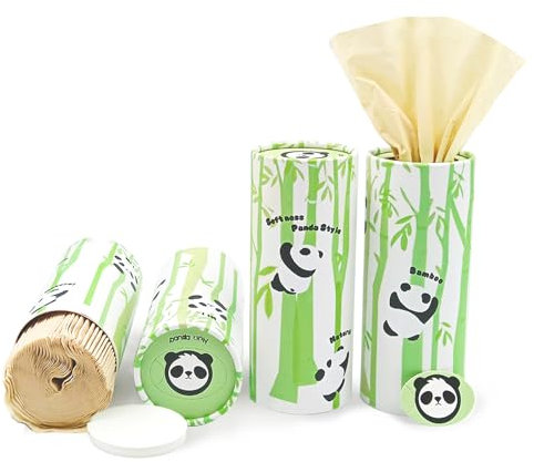 Pandaonly 4 Pack Bamboo Facial Tissues with Cute Round Tissue Boxes for Cup Holder Travel Bathroom Refill