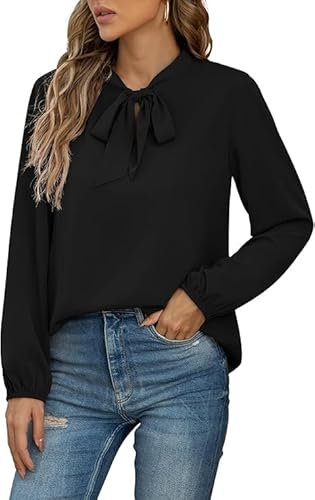 Yommay Damen Bluse Elegant Langarm Tunika T-Shirt Krawatte Hals Flowy Chiffon Oberteile für Frauen Herbst Mode,Schwarz,XXL
