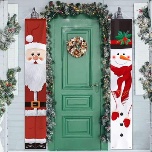 GEBETTER 2Pcs Pancartas Decoración Navidad Puerta Entrada Santa Claus Muñeco Nieve Bandera Navideña Pared Cartel Tela Colgante Exterior Interior Hogar Casa 180 * 30 cm (Papá Noel y Muñeco de Nieve)