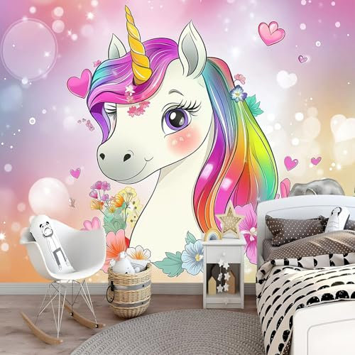 Fototapete Süßes Cartoon-Einhorn Vlies Tapete Kinderzimmer - Tapete Moderne Wanddeko 300 x 210 cm Bunt Wandtapete für Mädchen Junge Teenager