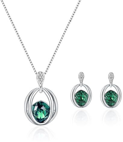 FDEETY Schmuck Schmuckset Damen Kristall Anhänger Halskette und Ohrring Set Brautschmuck Hochzeit Set Hochzeitsschmuck Grün