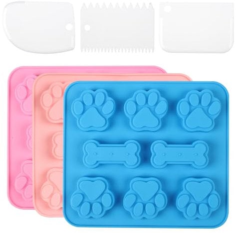 3 Stück Hundekekse Backform,Silikonformen Backen mit Hundepfoten und Knochen Muster,Non-Stick Food Grade,Backmatten mit Teigschaber, für Hundeleckerlies, SüßIgkeiten, Gelee, Kekse, Pudding(3 Farben)