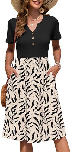 AUSELILY Damen Kurzarm Sommerkeider Knielange Sommer Kleider V-Ausschnitt mit Knöpfen Empire Midikleid mit Taschen Aprikosenschwarzes Blatt M