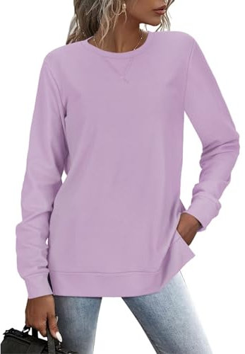 RIROW Damen Pullover Lässig Langarmshirt Elegant Herbst Winter Rundhals Sweatshirt Langarm Shirts Loose Slit Hem Oberteile Rosa Lila M