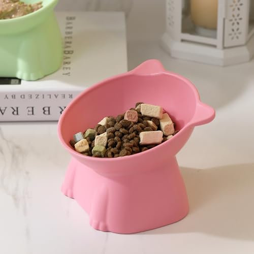 Comedero de plástico PP para Gatos, comedero Elevado inclinable 15°, Apto para Mascotas pequeñas, antivómitos, Bebedero,1 Pieza (Rosa)