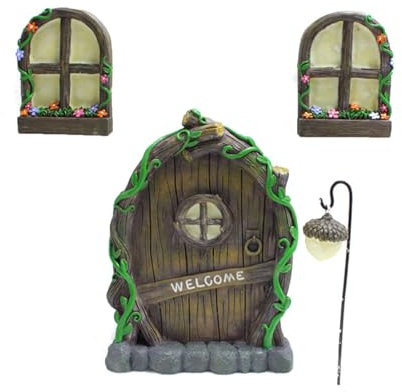 Tomotato Miniatur-Fenster-Tür-Dekorationsset, leuchtet im Dunkeln, Feen-Fenster-Tür-Skulptur für Bäume, Outdoor-Innenhof-Dekoration