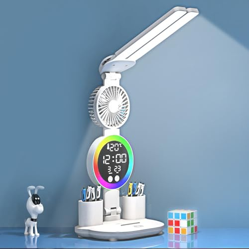 ZONJIE LED Desk Lamp - USB Rechargeable Study Desk Light with 3 Colour Mode | Dimmable Eye-Caring Reading Light Touch Control Office Desk Lamp with Fan Function, Calendar Temperature Display