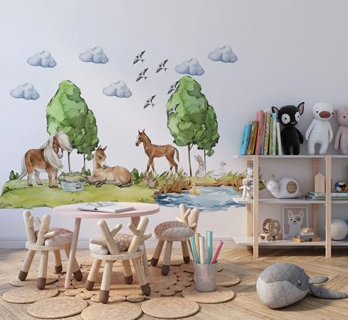 Wandaufkleber Pferde und Ponys, Fohlen am Teich, Kaninchen und Enten, Pastelltiere für Kinderzimmer, Wanddekoration im Pastellstil