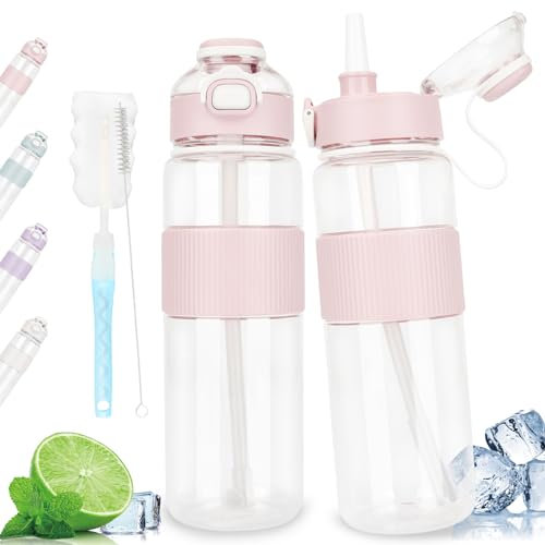 AOPREL Trinkflasche, 1L Wasserflasche Auslaufsicher Sport Trinkflasche 1L mit Strohhalm, BPA-frei Sportflasche für Gym, Schule, Fahrrad, Fitness, Camping (Pink)