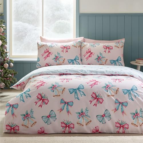 Catherine Lansfield Christmas Bows And Bells Reversible Single Duvet Cover Set with Pillowcase Pink