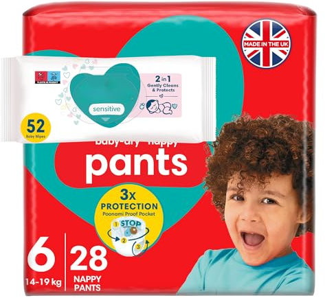 Baby Nappy Pants Size 6 (28 Count) + Baby Wipes (52 Count) - Essential Bundle for Toddlers 15kg+ - Easy-Change Nappies & Gentle Cleansing Wipes