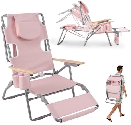 KOMFOTTEU Lettino reclinabile, sedia a sdraio, schienale regolabile in 4 posizioni e poggiapiedi a 2 posizioni, lettino con foro per il viso, per piscina, spiaggia, giardino (rosa pallido)