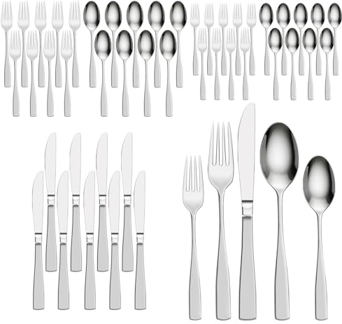 Truevaste Besteck Set 10 Personen für Kinder Erwachsene,50 STK. Edelstahl Kinderbesteck Spülmaschinenfest,Hochglanzpoliert Essbesteck,Löffel Gabel Messer Set für Zuhause Grillen Party Alltag Gäste