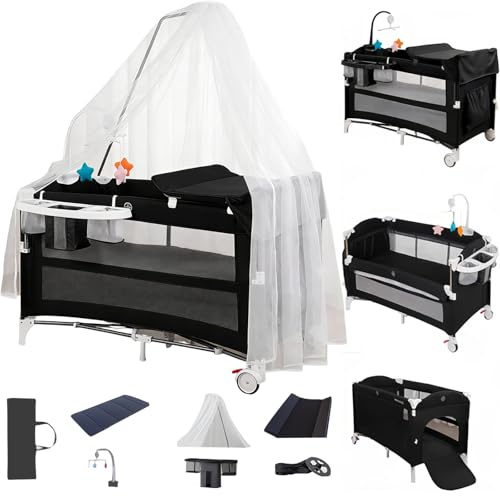 Nine point nine Reisebett Baby mit Wickeltisch, Bequem und Stabil Baby mit Matratze, Höhenverstellbar Reisebett Babybett, Faltbar und Beweglich Beistellbett (6602 Black with Net)