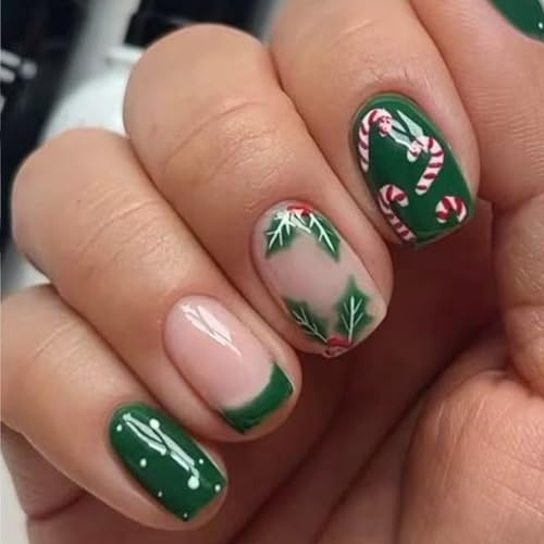 Künstliche Nägel Für Weihnachtsfeier 24 Stück Kurze Quadratische Französische Spitzen Ungiftiges ABS Künstliche Nägel Für Party Maniküre Weihnachten Zum Aufdrücken Von Nägeln Kurz Grün